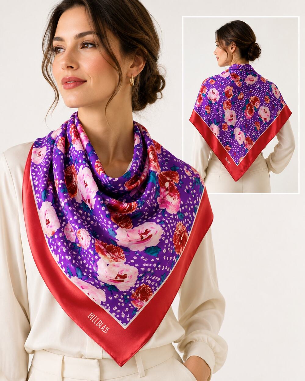 Bill Blass Silk Scarf Vintage 80s Purple Pink Floral Red Border 35"